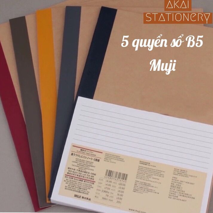 [HCM]Combo 5 quyển vở Muji B5 5 màu 30 tờ ( 60 trang ) dòng kẻ ngang gáy may