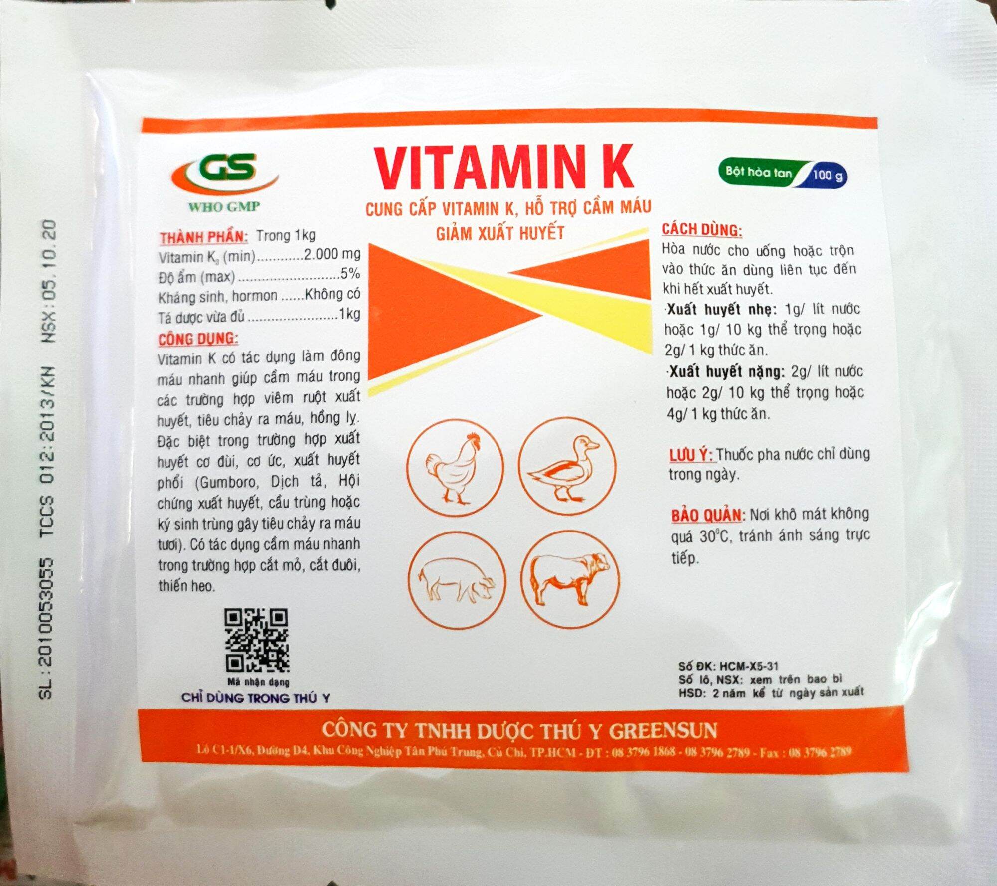 GS Vitamin K (100gr) - Hỗ trợ cầm máu, giảm xuất huyết trong các trường hợp tiêu ra máu tươi cho gà đá, chó mèo (Tan trong nước)