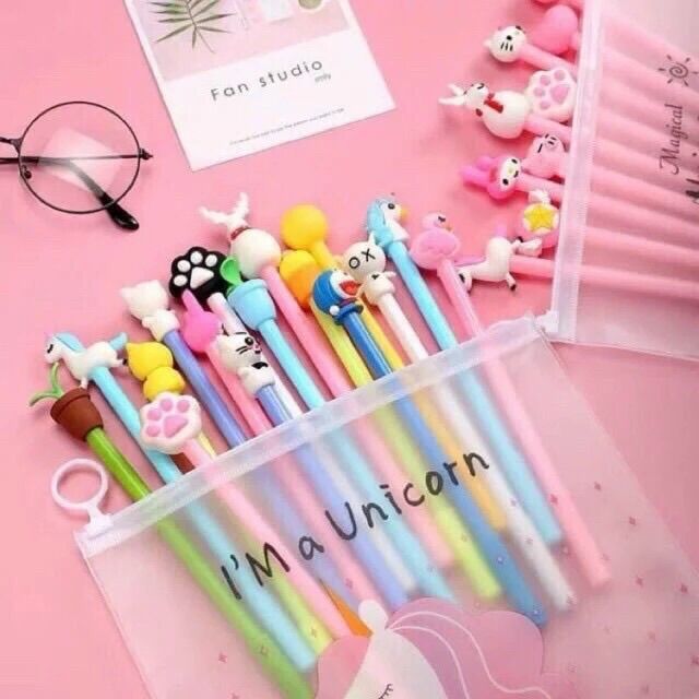 COMBO 20 cây viết, Set 20 bút kim siêu cute mực nước, với 1 chiếc túi zip đáng yêu kèm 20 bút quả là bé rất thích cầm bút viết mỗi ngày