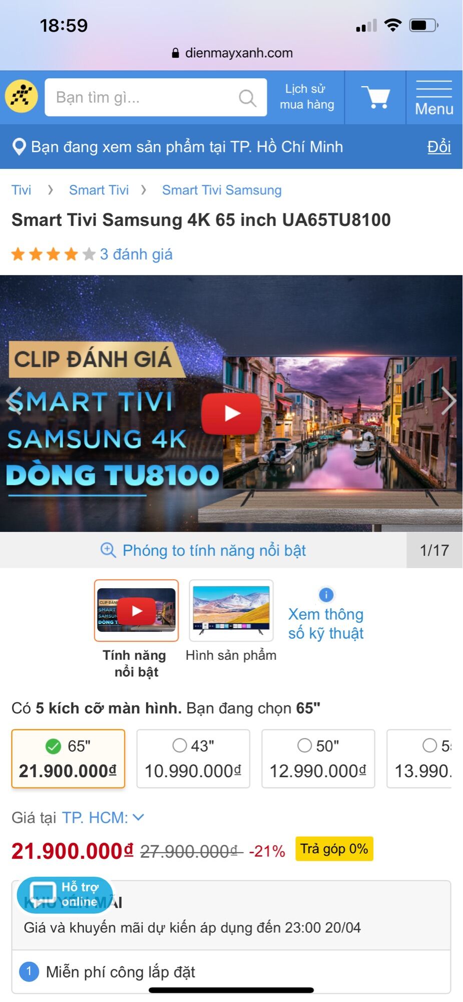 Smart TV Samsung Crystal UHD 4K 65 inch UA65TU8100 chính hãng