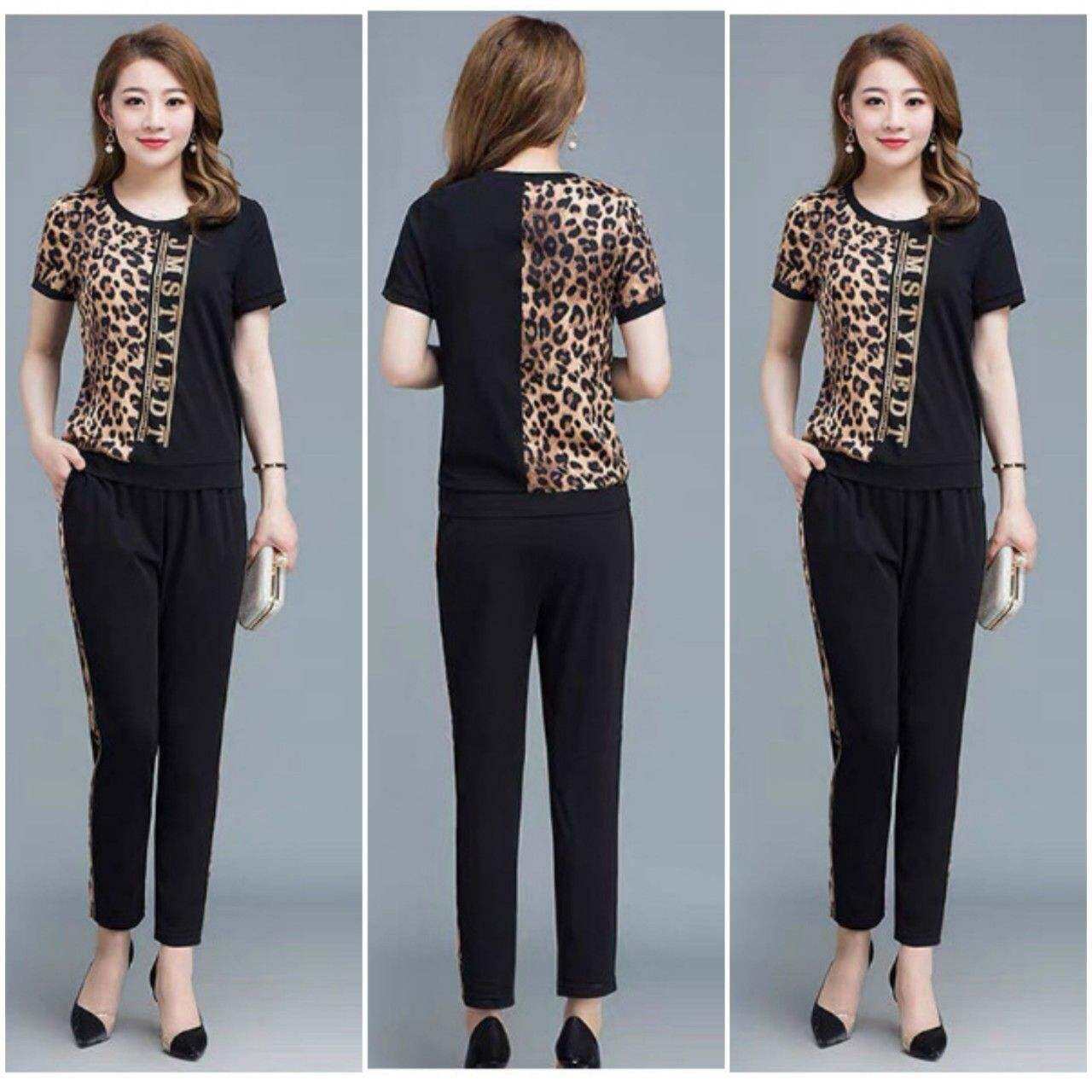 Đồ bộ nữ áo tay ngắn phối da beo độc lạ cao cấp