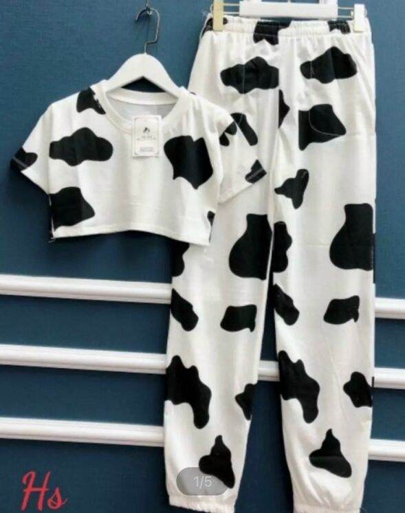 SÉT BỘ ÁO CROPTOP TAY NGẮN QUẦN DÀI BO ỐNG,ĐỒ BỘ IN HÌNH BÒ SỮA,ĐỒ BỘ ĐẸP HOT