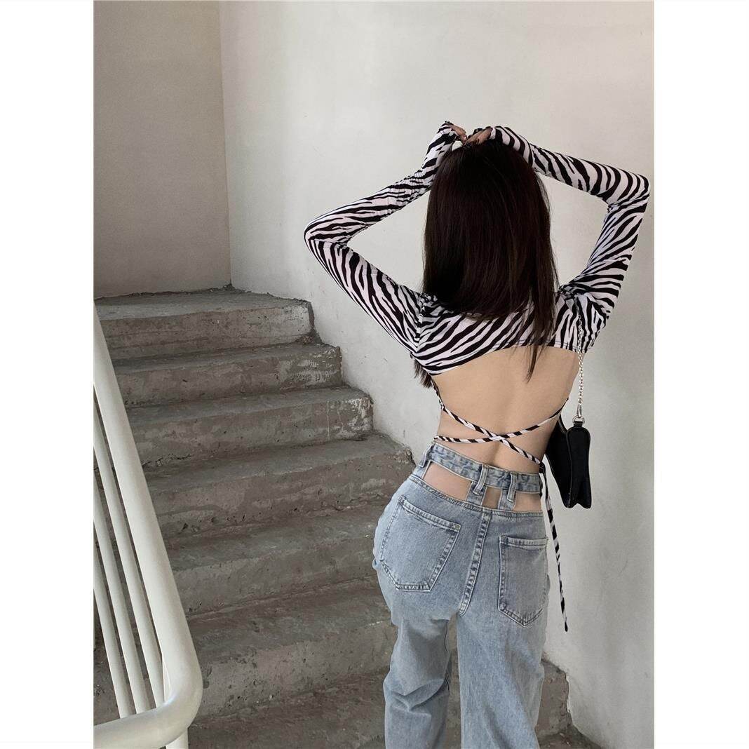 [HCM]Áo croptop tay dài hở lưng ngựa vằn