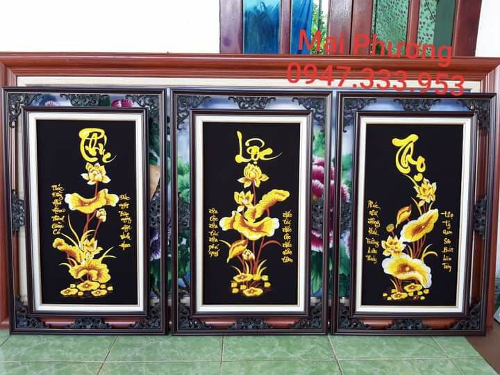 (Tranh thêu sẵn) Bộ tranh PHÚC LỘC THỌ SEN VÀNG 1 bộ gồm 3 bức tất cả "ĐÃ THÊU SẴN" về chỉ việc đóng khung.
