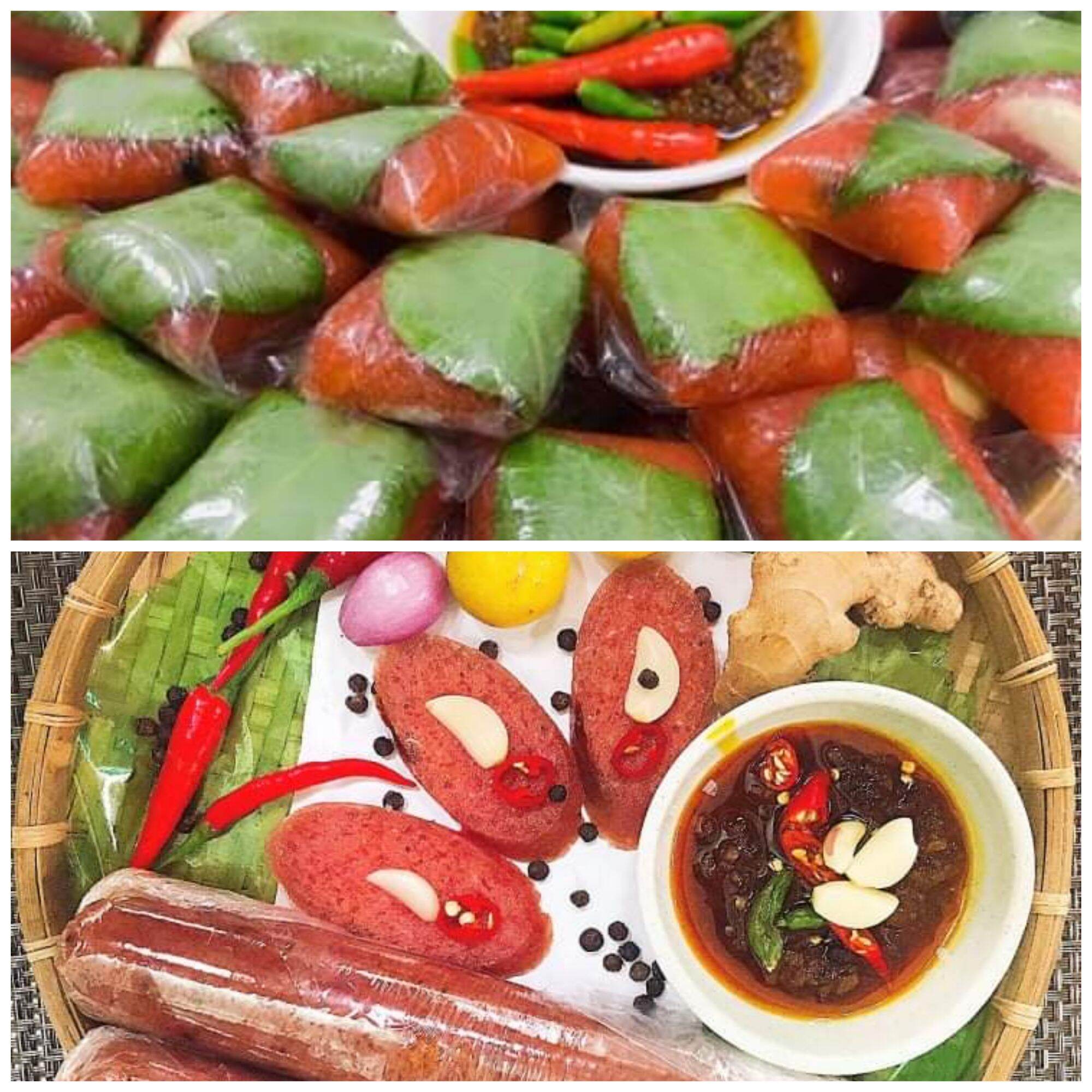 COMBO 2 HỘP NEM CHUA LAI VUNG LÁ CHÙM RUỘT ( 1 HỘP 10 CHIẾC) VÀ 2 CÂY NEM HUẾ