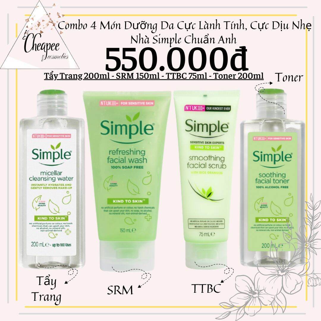 Combo 4 Món Dưỡng Da Nhà Simple Cực Lành Tính Dịu Nhẹ Kể Cả Da Nhạy Cảm Nhất