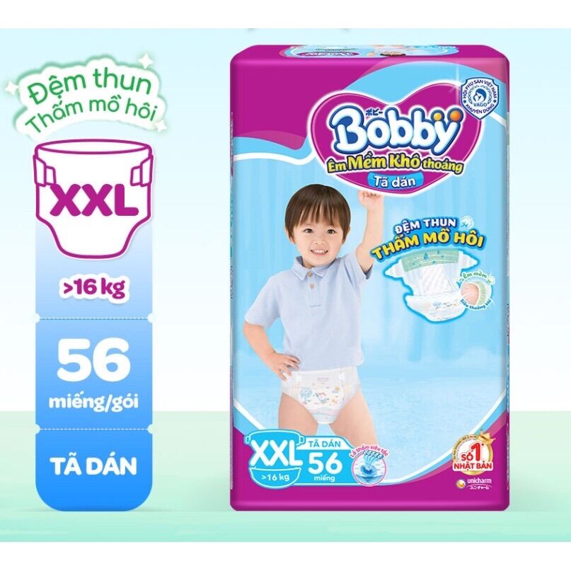 Tã dán bobby siêu thấm XXL56 mẫu mới đệm thấm mồ hôi lưng ( Date 2025)