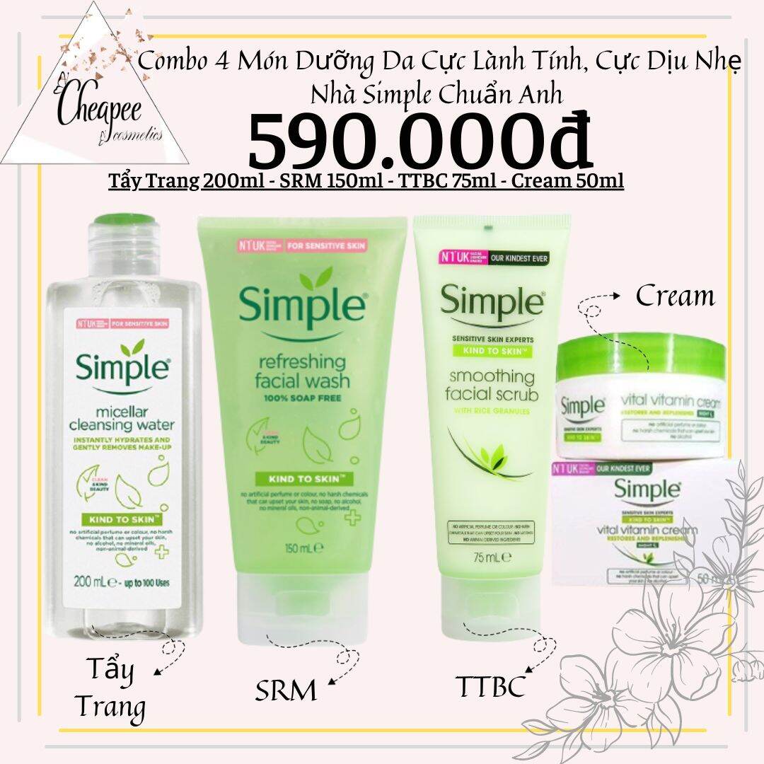 Combo 4 Món Dưỡng Da Nhà Simple Cực Lành Tính Dịu Nhẹ Kể Cả Da Nhạy Cảm Nhất