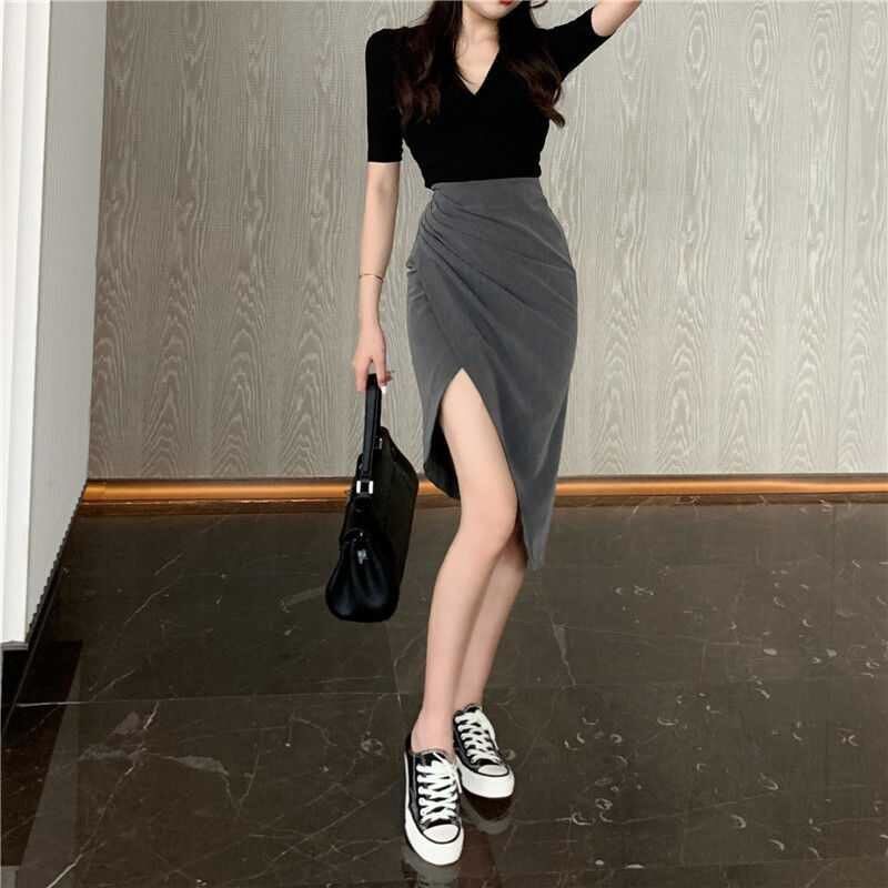Váy công sở vạt chéo pha màu