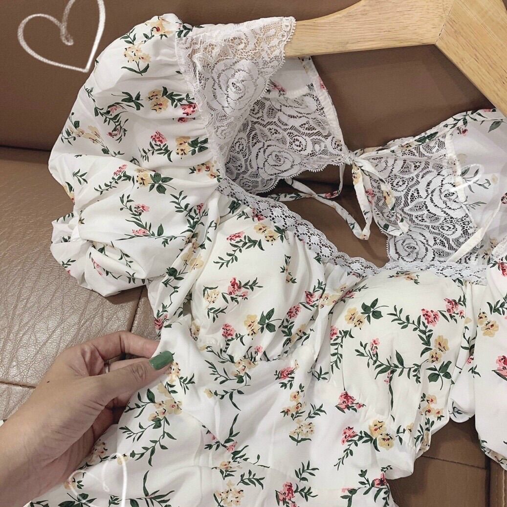 Đầm hoa voan viền ren hở lưng