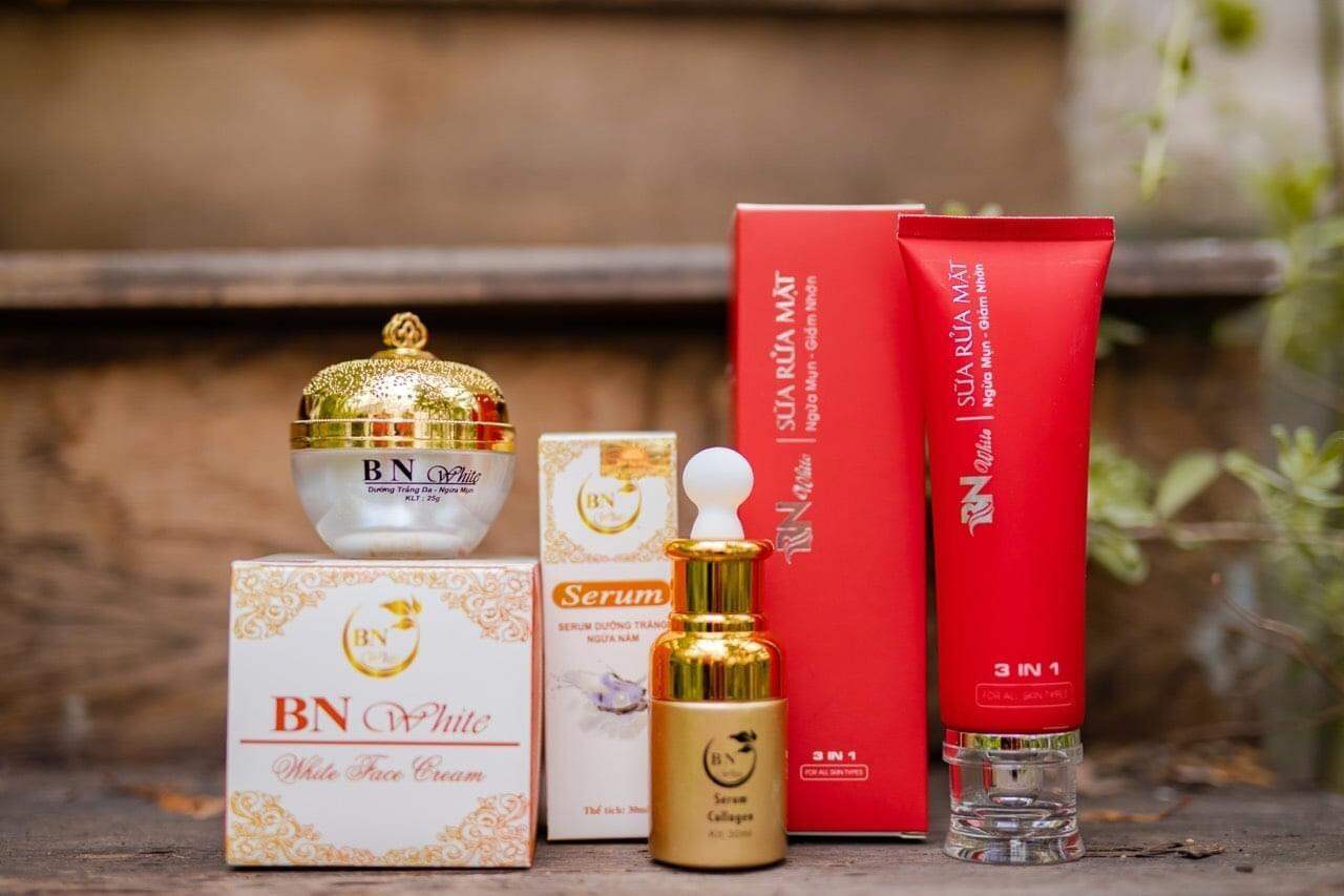 Combo BN WHITE 3 sp: Kem Face + Serum + Sữa rửa mặt đánh bay mụn, nám, tàn nhang, chống lão hoá dưỡng trắng da căng mịn