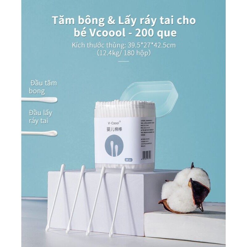 Bông tăm trẻ em Vcoool thân giấy hộp 200/400 que 2 đầu ( 1 đầu tròn, 1 đầu dẹt ) - hàng chính hãng