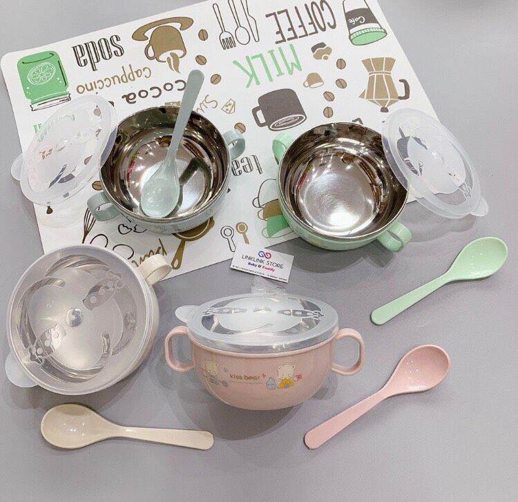 Bát Inox Ăn Dặm Cho Bé Có Tay Cầm Nắp Đậy Kèm Thìa Muỗng 2 Lớp Cách Nhiệt