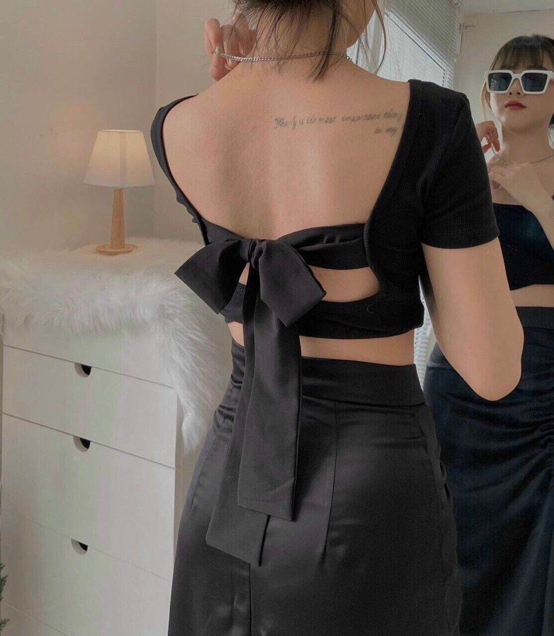 Áo croptop kiểu thun gân phối kiểu cột nơ sau lưng siêu hot