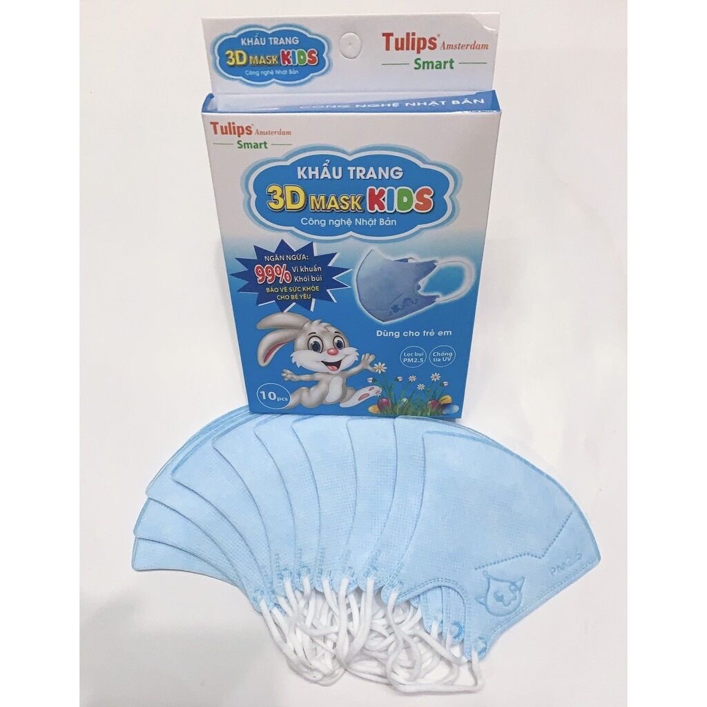Khẩu trang trẻ em 3D Mask KIDs hộp 10 chiếc xanh trắng