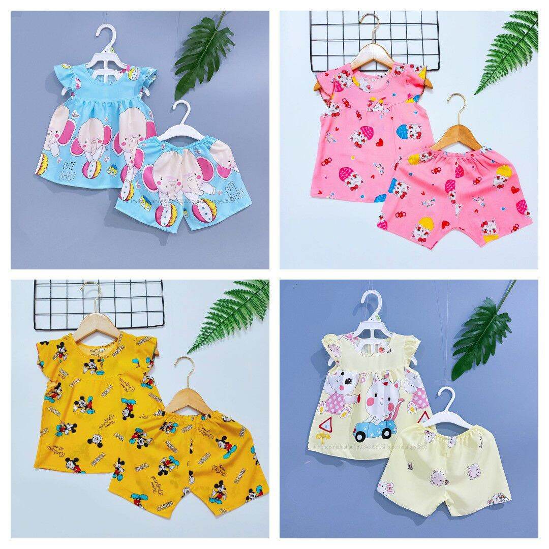 Combo 3 bộ quần áo bé gái ngắn chất ton lanh thấm hút