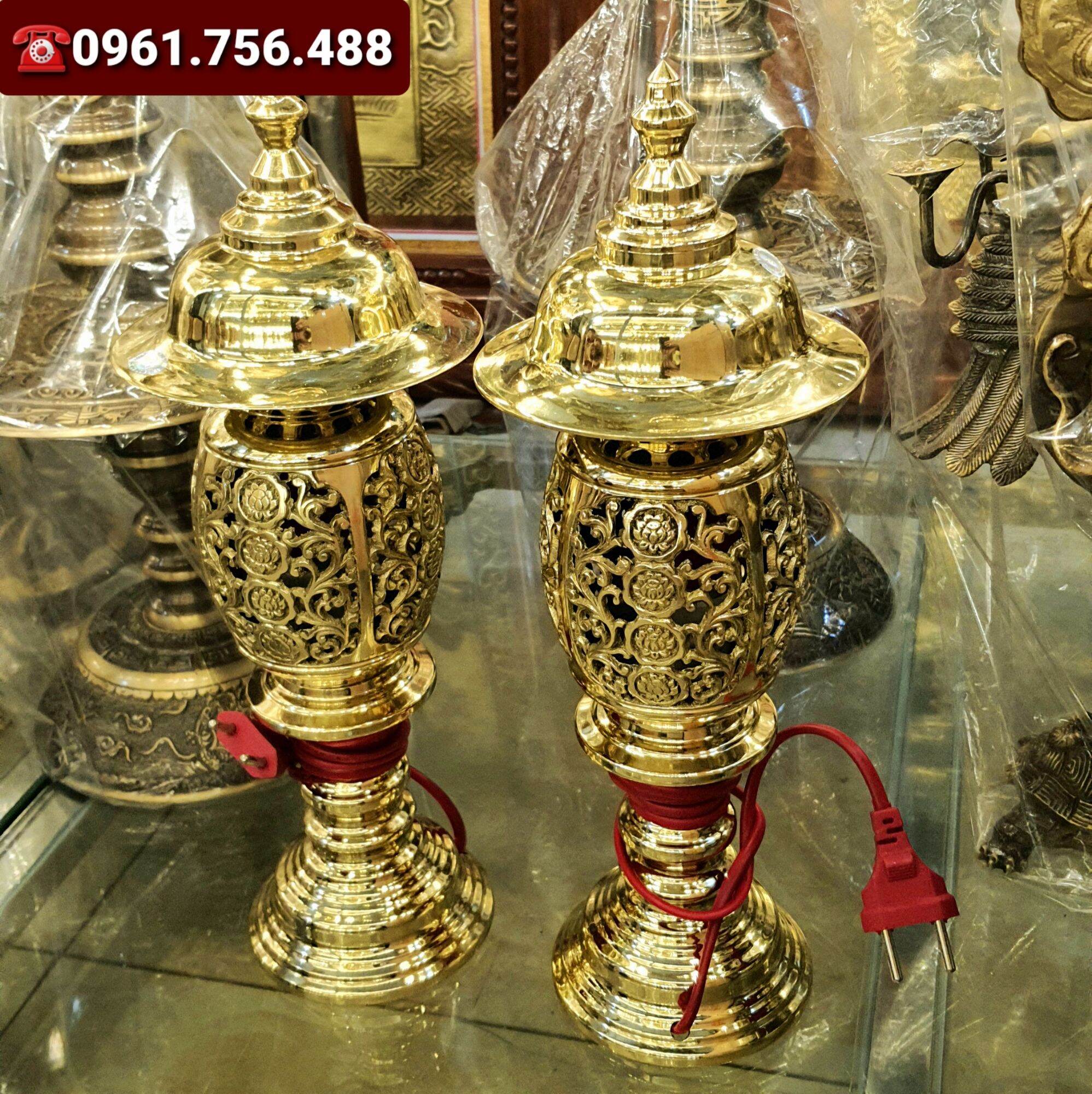 Đôi đèn đồng vàng hoa sen cao cấp 42cm