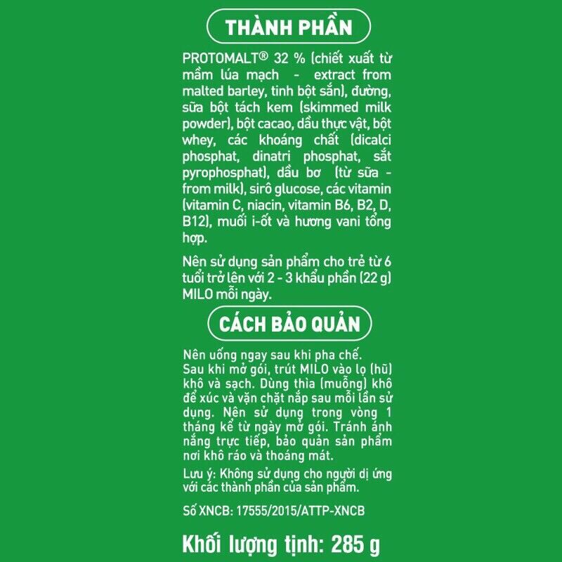 [HCM]Sữa bột Milo nguyên chất hộp giấy 285g