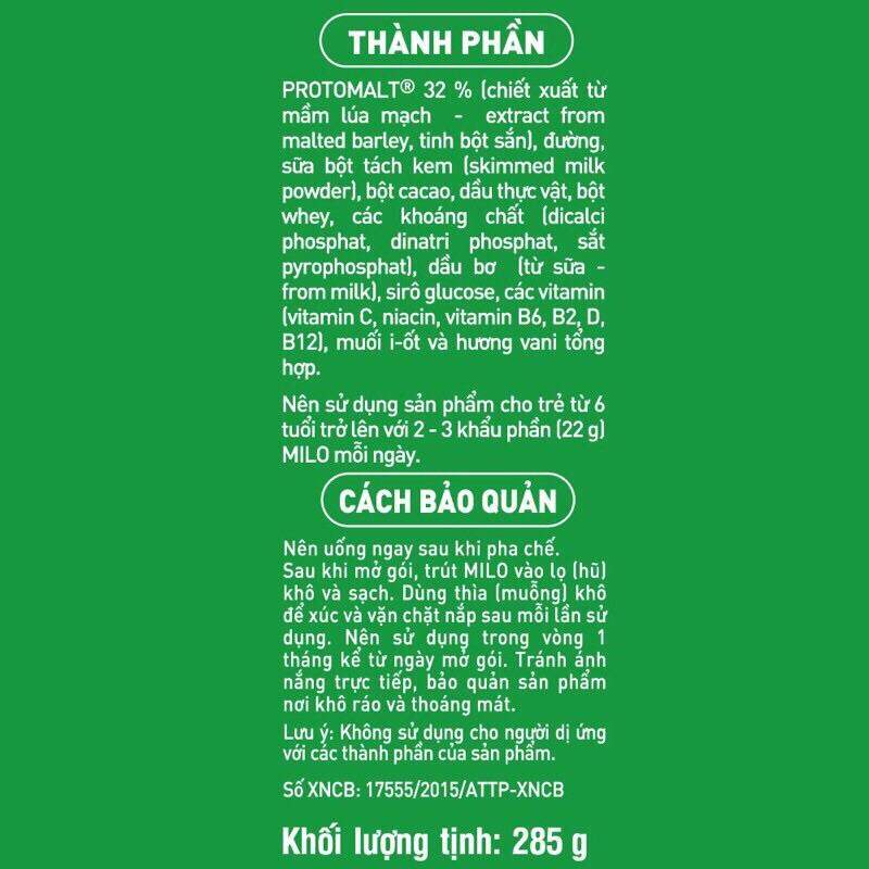 Sữa bột Milo nguyên chất hộp giấy 285g