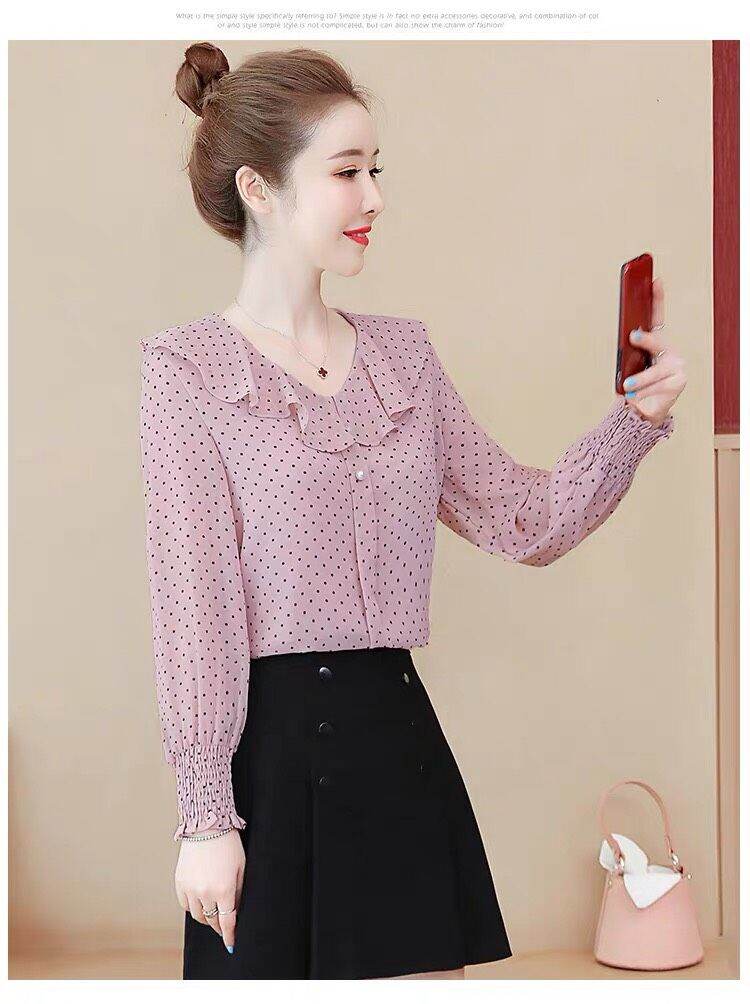 [HCM]Áo sơ mi công sở nữ chấm bi phối cổ bèo xinh xắn
