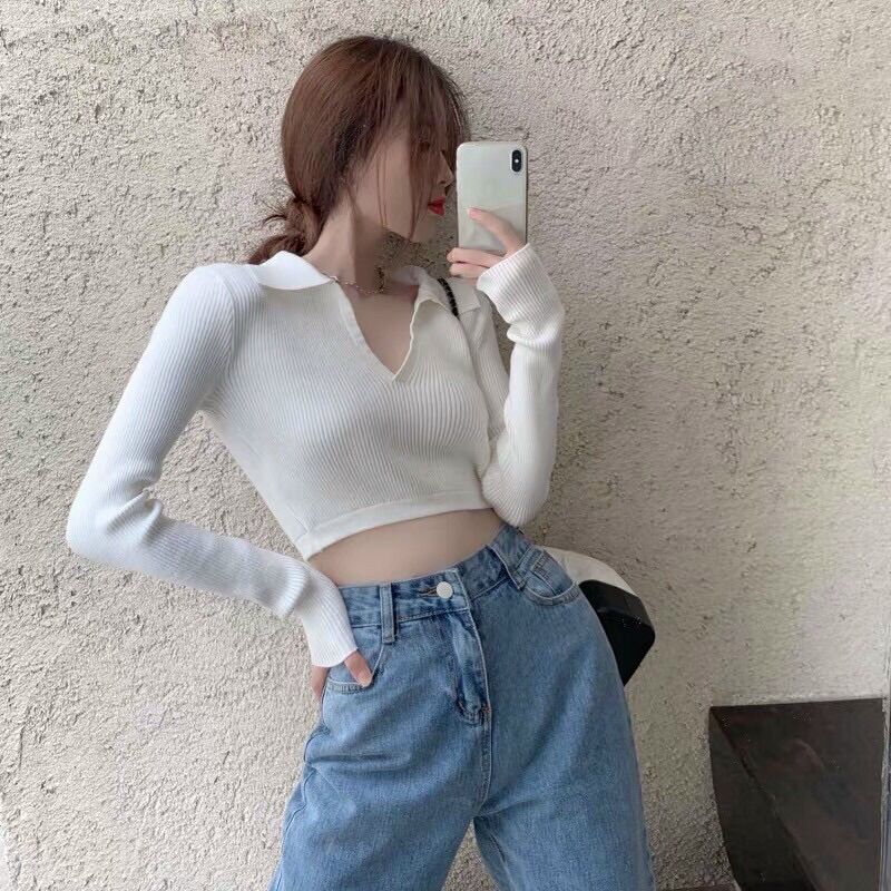 Áo Croptop Dài Tay Cổ V Hở Lưng