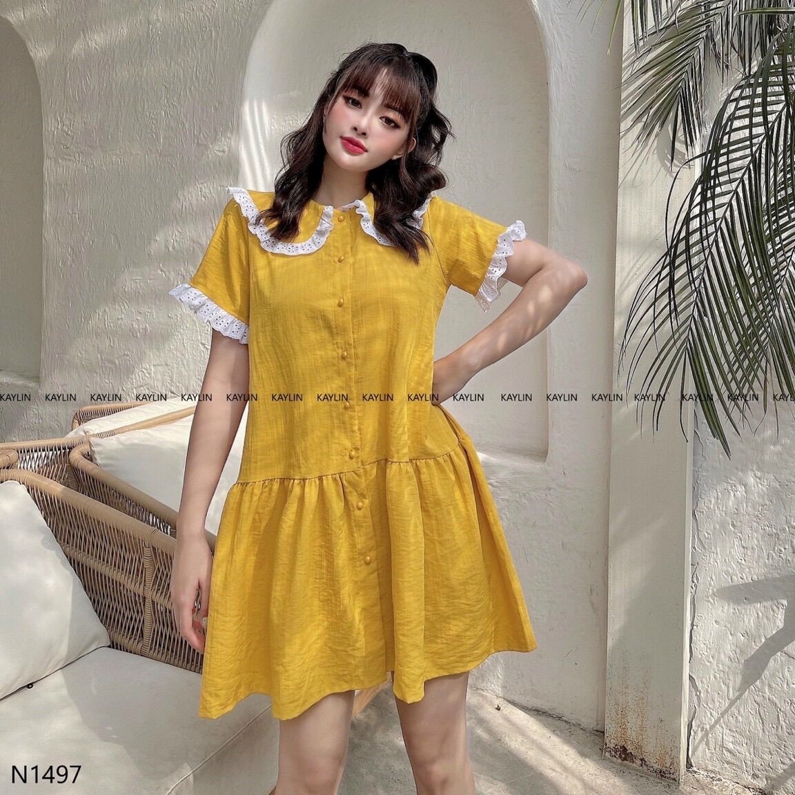 Đầm suông babydoll vàng viền ren cổ siêu dễ thương siêu đẹp