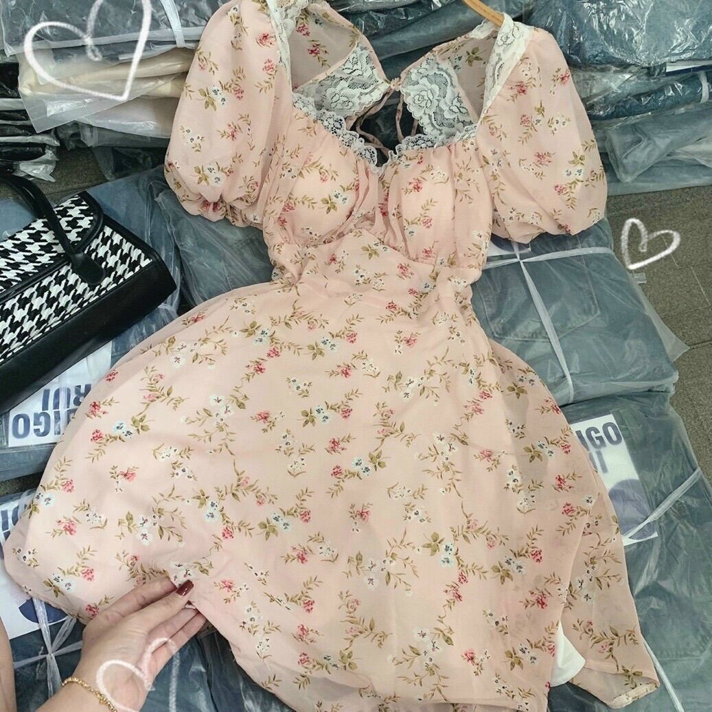Đầm hoa voan viền ren hở lưng