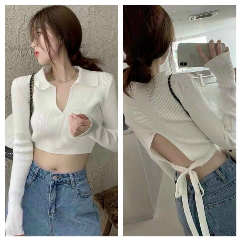 Áo Croptop Dài Tay Cổ V Hở Lưng