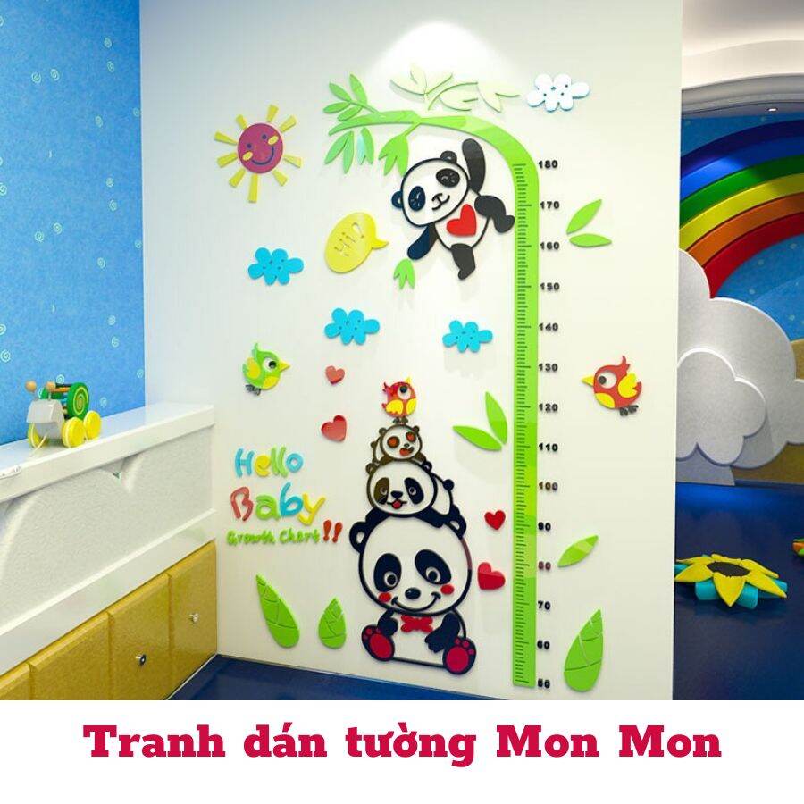 Tranh dán tường mica 3D - decal mica đo chiều cao hình gấu cho bé, thước đo chiều cao cho bé, tranh dán tường trang trí phòng bé
