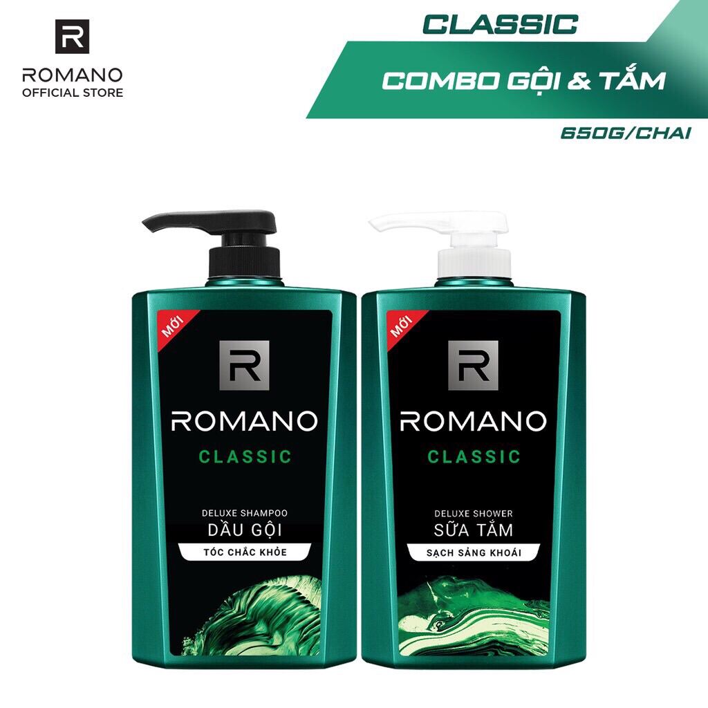 Combo Dầu gội và Sữa tắm Romano Classic cổ điển lịch lãm 650g/chai nhập khẩu
