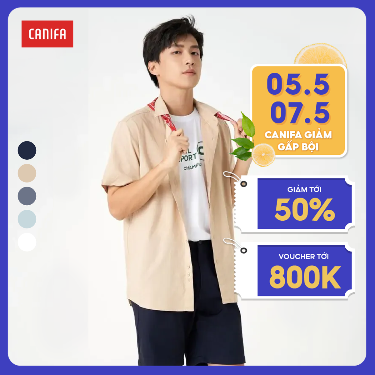 Áo sơ mi nam ngắn tay canifa áo sơ mi chất liệu 100% cotton, cổ đức tay cộc. 8th23a002