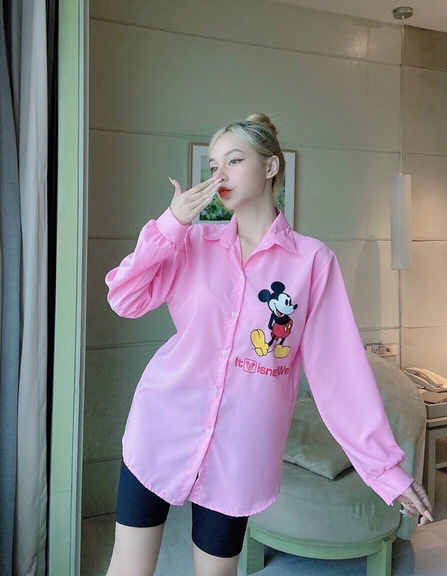 [Ảnh thật] Set áo sơmi mickey quần legging ngố