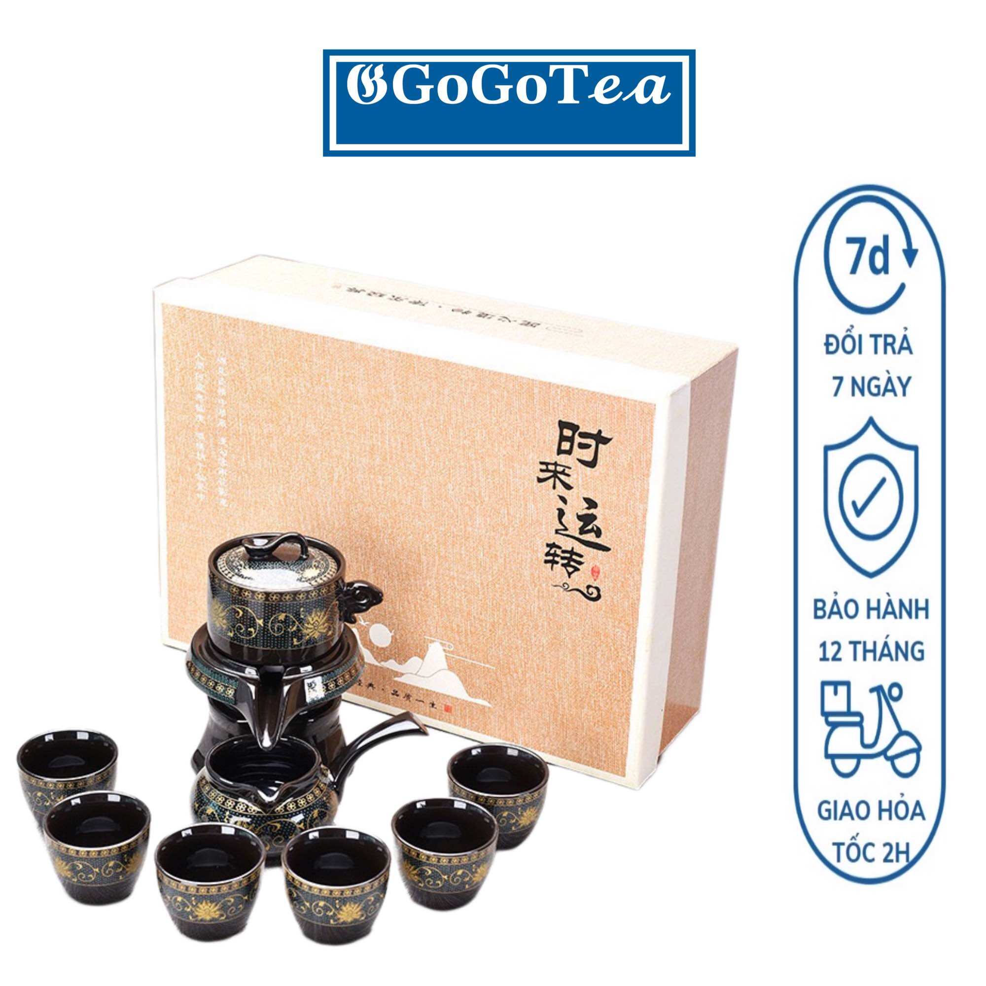 Bộ Ấm Pha Trà Cối Xay Hoa Văn Xanh Vàng Đen Bóng(bao gồm Hộp Quà+ túi xách đi kèm