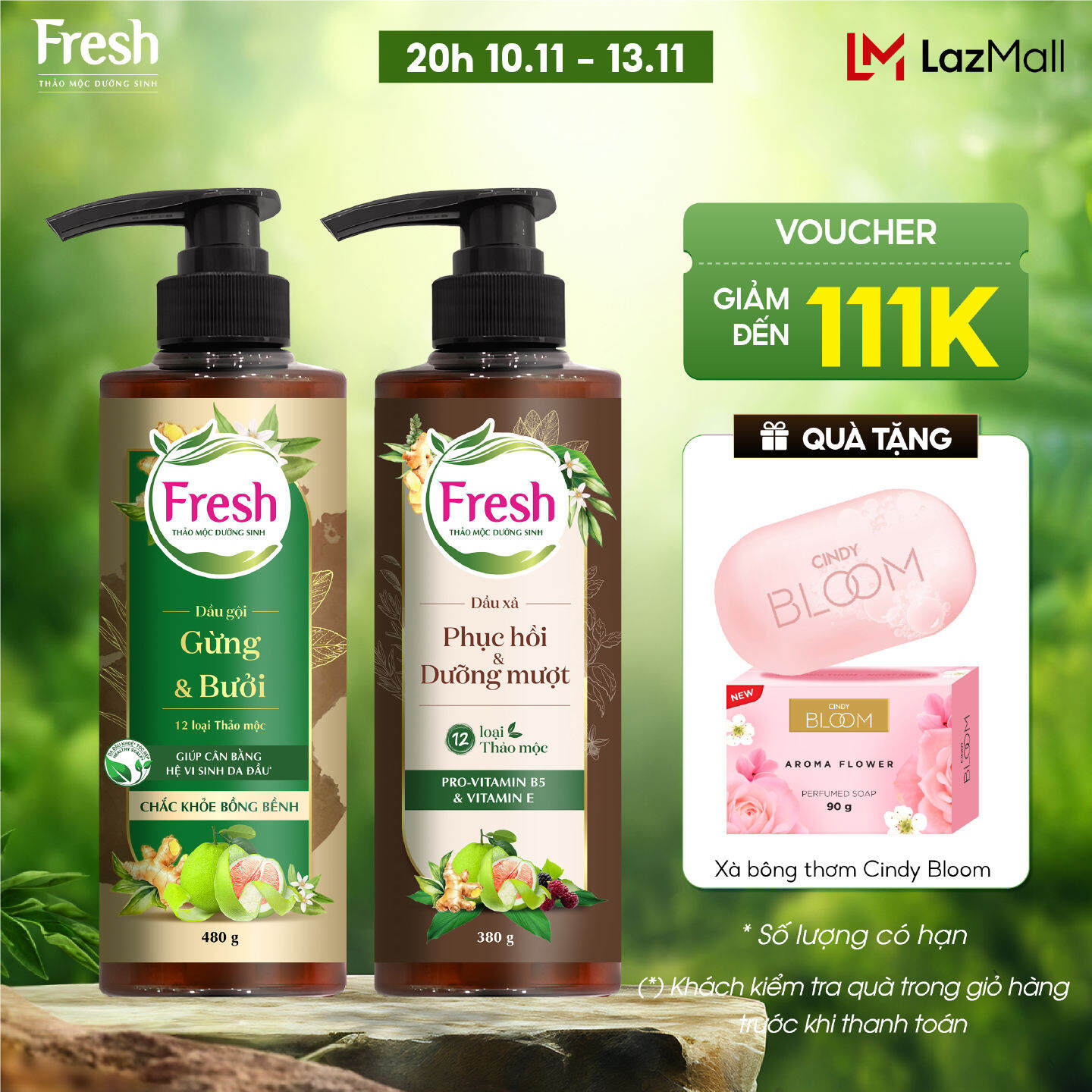 Combo Dầu gội + Dầu xả Fresh Thảo mộc dưỡng sinh Chắc khỏe bồng bềnh 480g + Phục hồi và Dưỡng mượt tóc hư tổn 380g