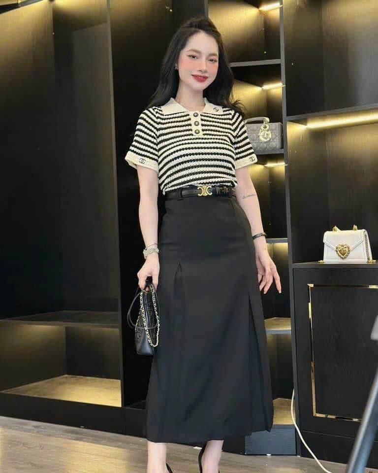 Áo len kẻ ngang cổ bẻ tay ngắn