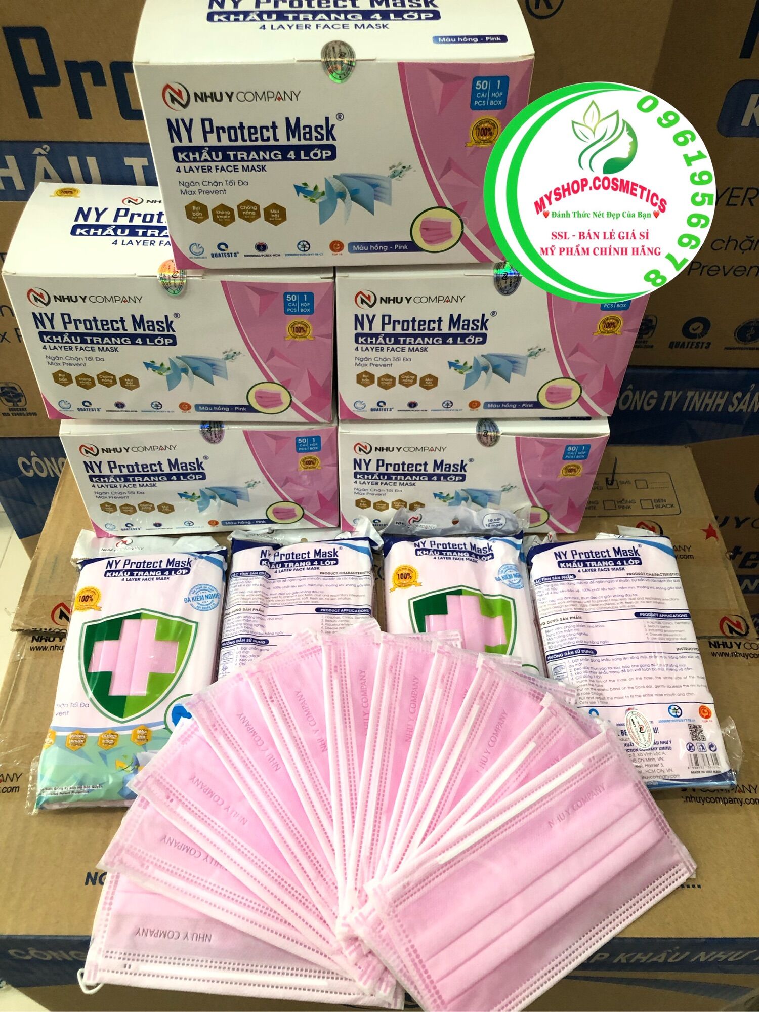 Khẩu trang y tế 4 lớp màu hồng như ý - hộp 50 cái