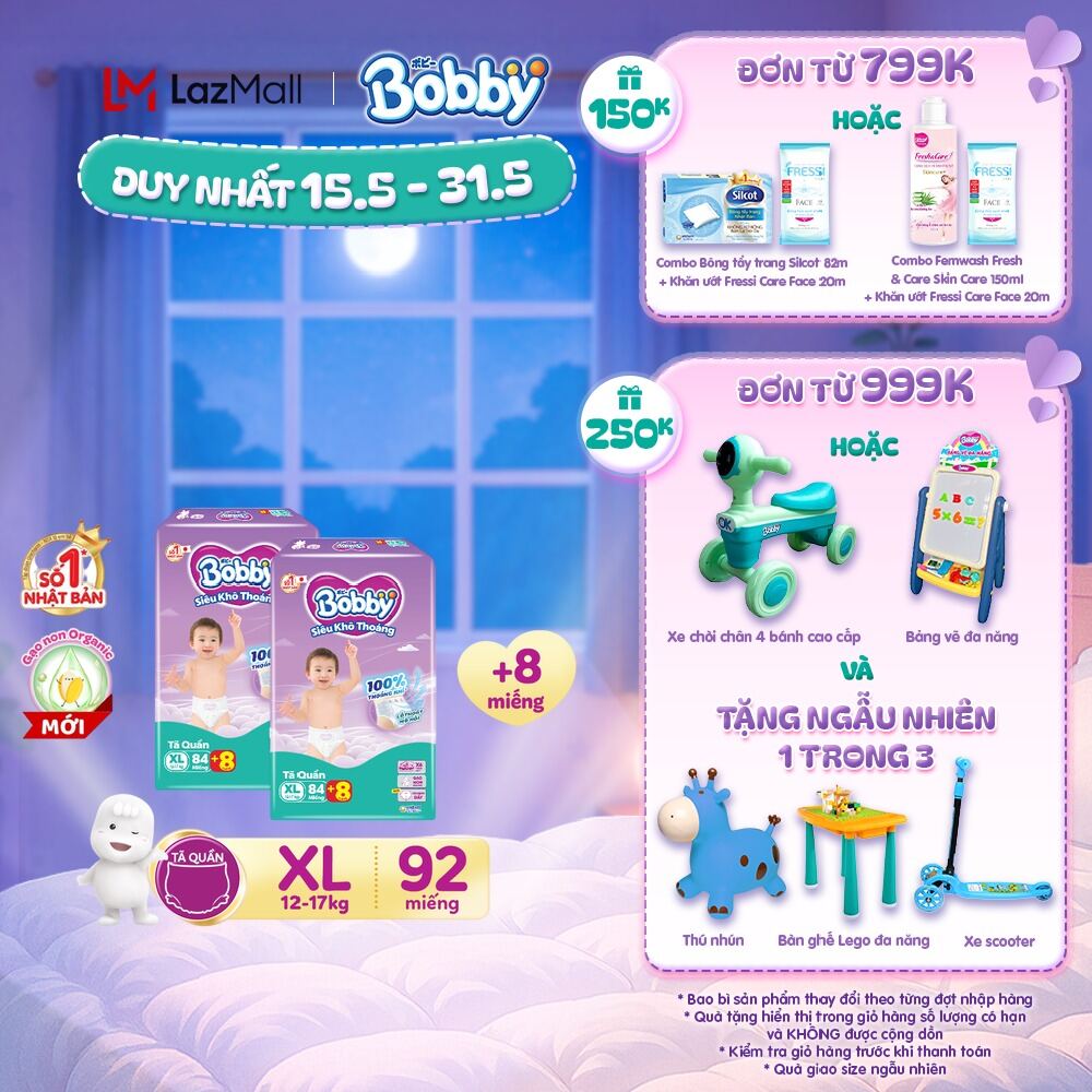 Combo 2 Tã/bỉm quần Bobby 3mm Gạo non XL84