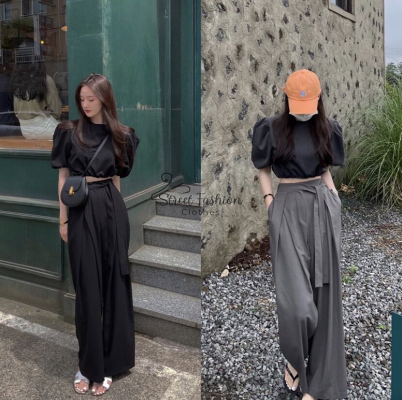 Quần suông xếp ly bản to lưng cao thắt dây nơ cách điệu, Quần ống rộng thắt dây nơ xếp ly siêu xinh