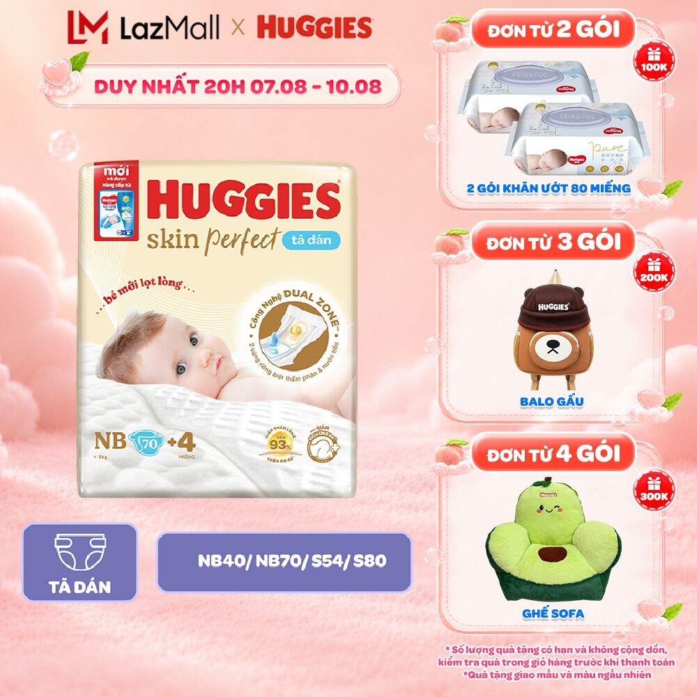 Tã/Bỉm Dán Sơ Sinh Huggies Skin Perfect NB/S/M với 2 Vùng Thấm Giảm Kích Ứng Da
