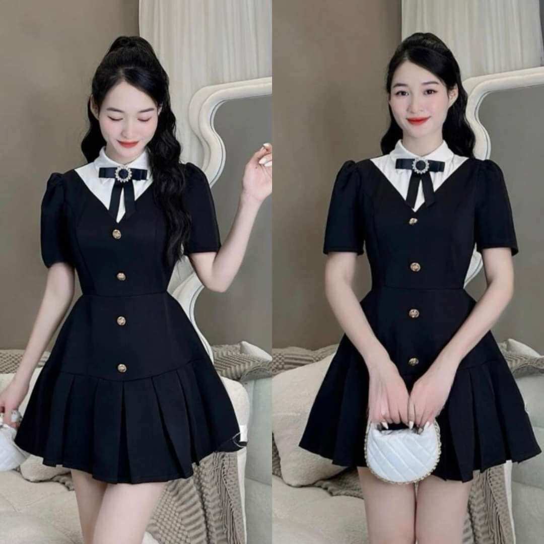 50-90kg Bigsize Đầm Đi Tiệc Mini Cổ Nơ Tiểu Thư
