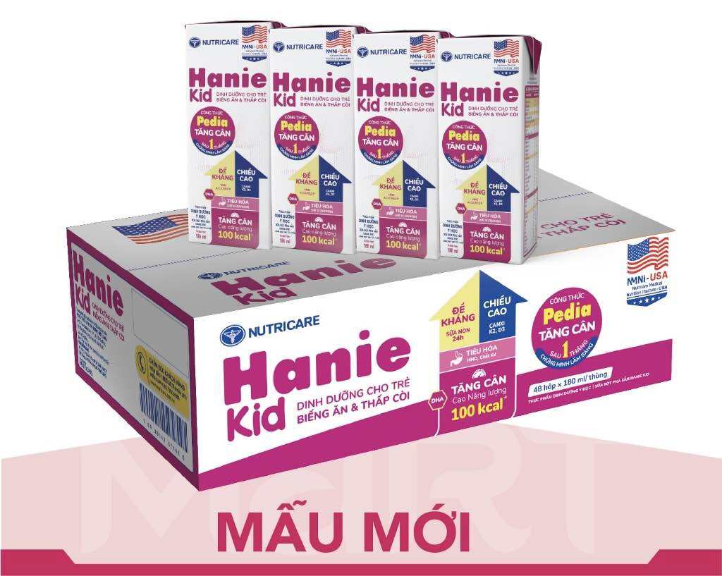 Thùng sữa pha sẵn Nutricare Hanie Kid 48 hộp 180ml cho trẻ biếng ăn suy dinh dưỡng