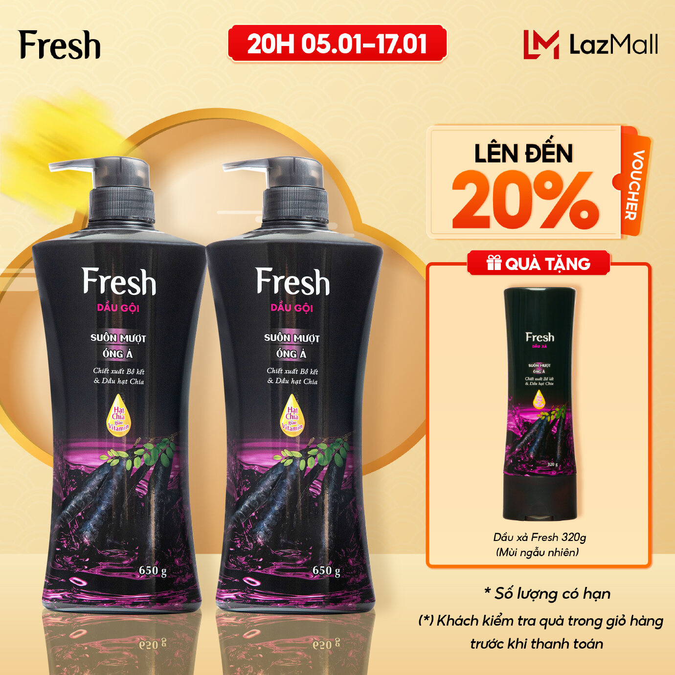 Combo 2 Dầu Gội Fresh Thiên Nhiên Suôn Mượt Óng Ả Chiết Xuất Bồ Kết 650g Chính Hãng