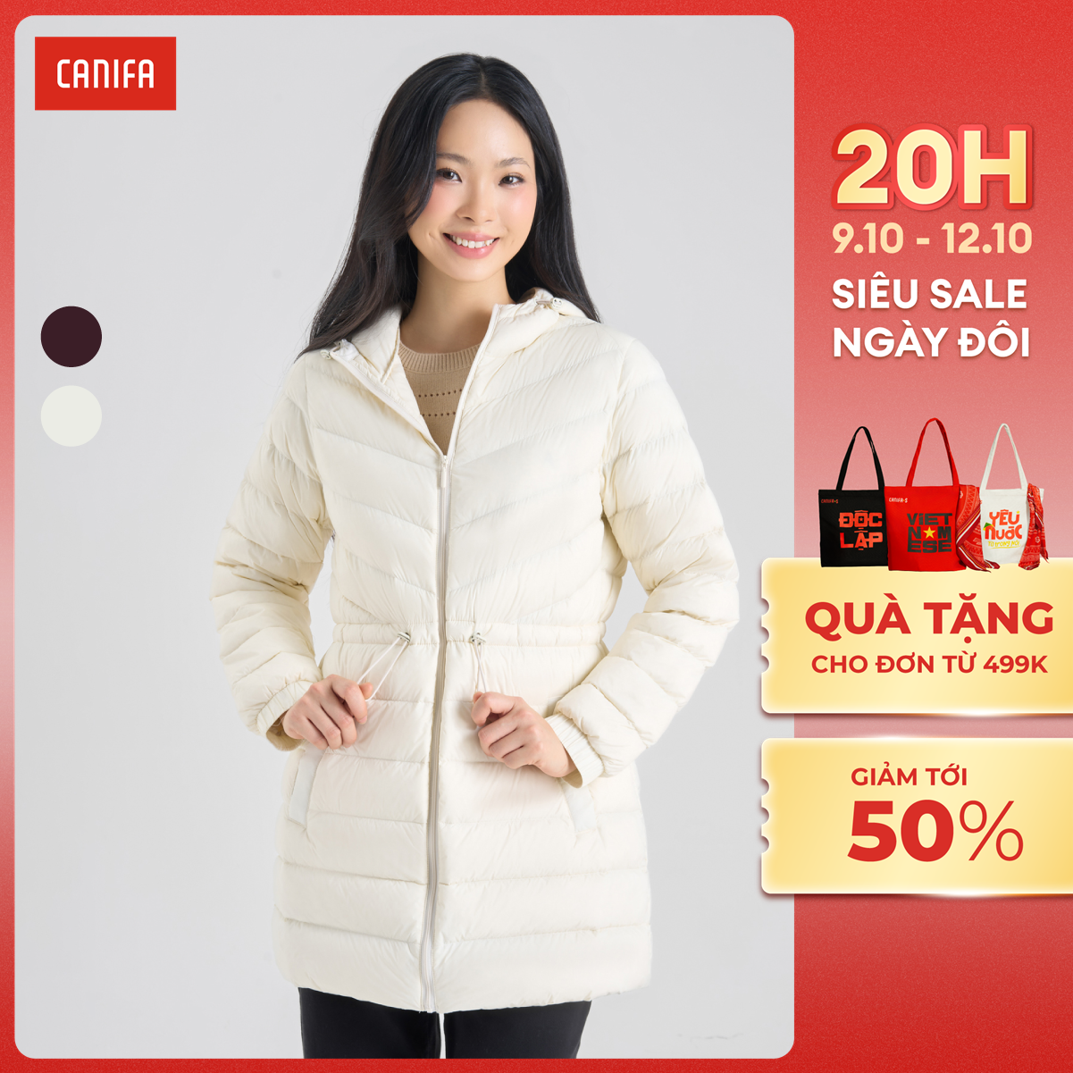 [20H 9-12.10 VOUCHER TỚI 500K] Áo khoác lông vũ nữ CANIFA dáng dài có mũ siêu nhẹ, giữ ấm 6OT24W010