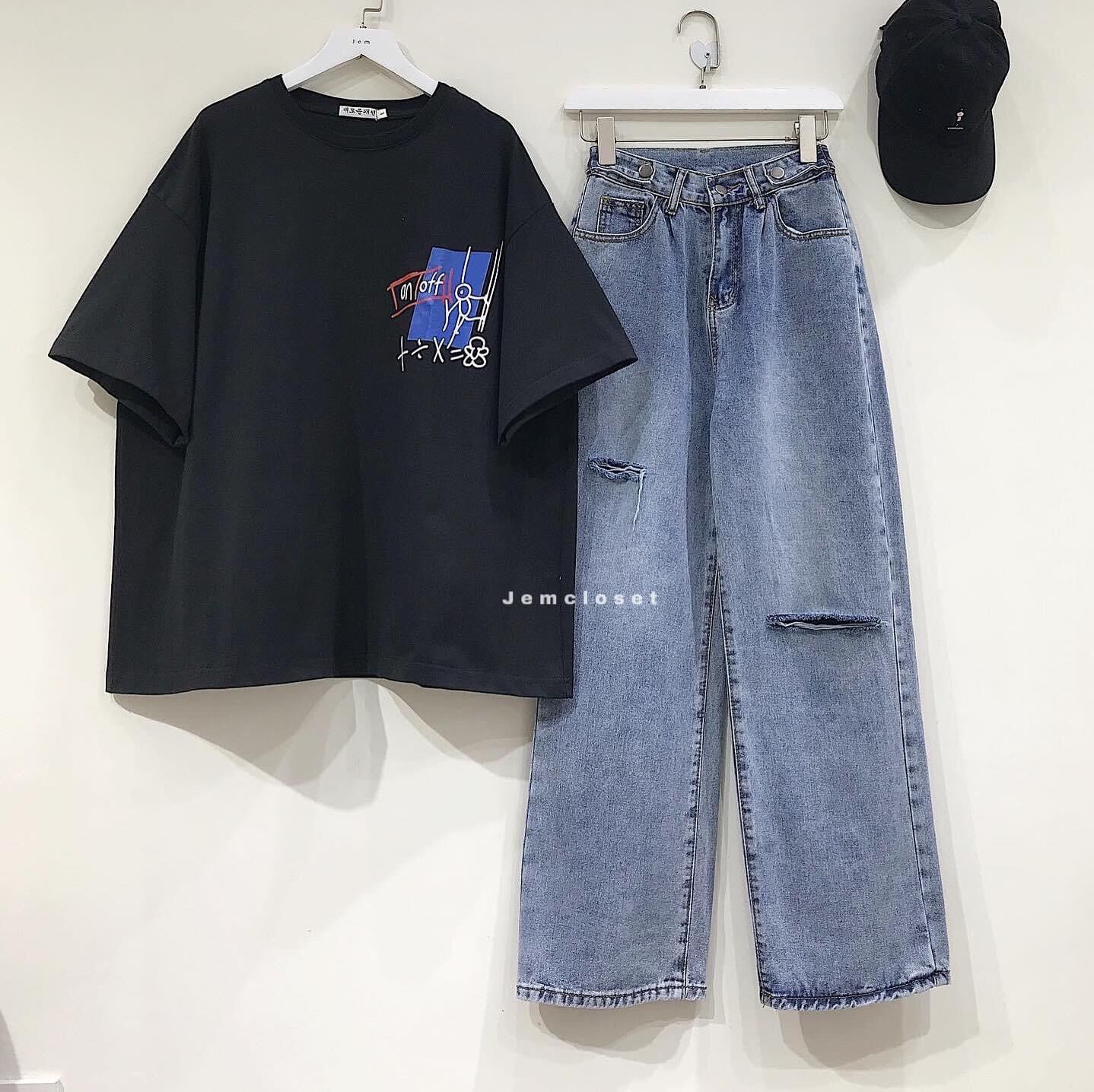 Baggy jeans ống suông đai nút rách PT