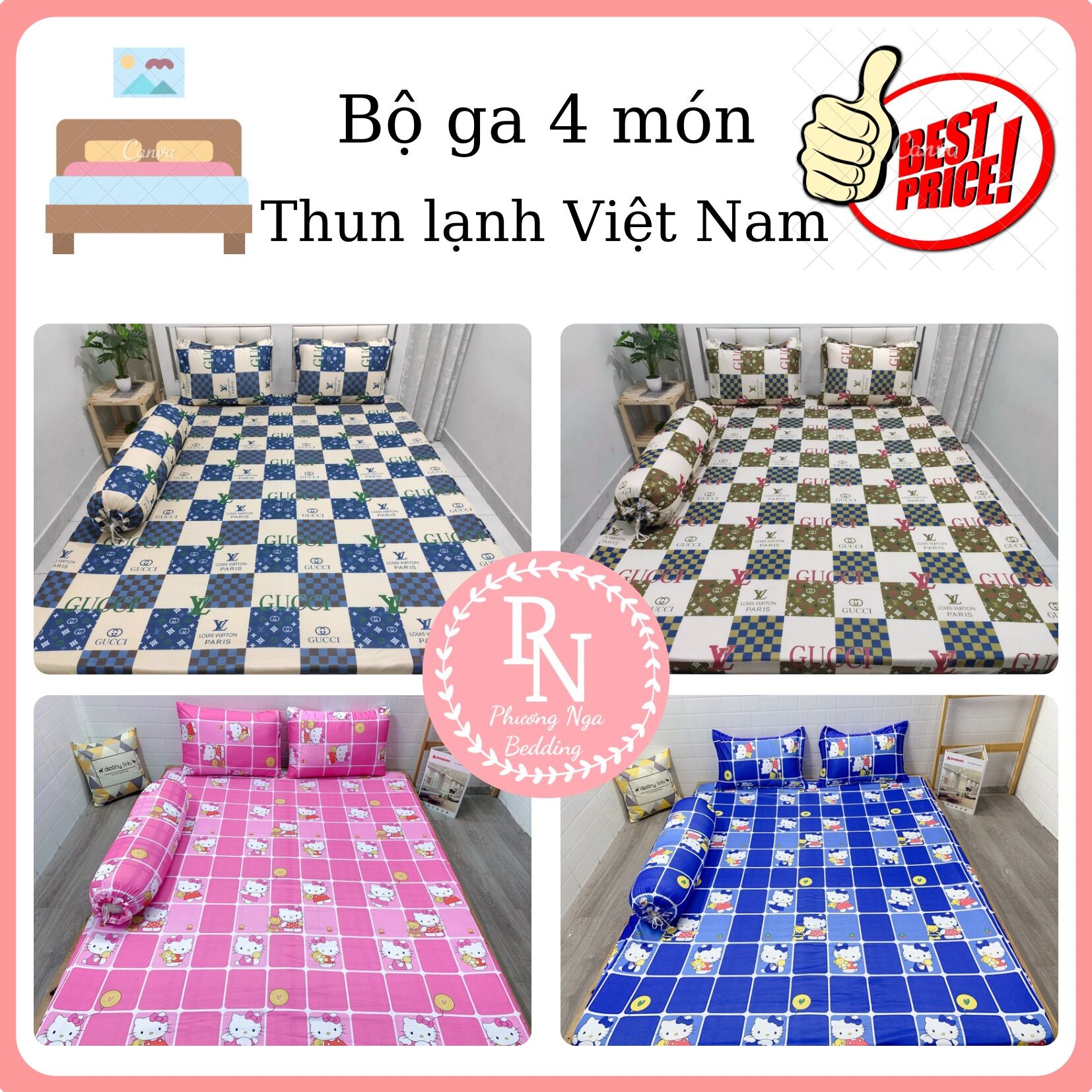 Bộ ga 4 món thun lạnh Việt Nam mẫu Hello Kitty mẫu GC