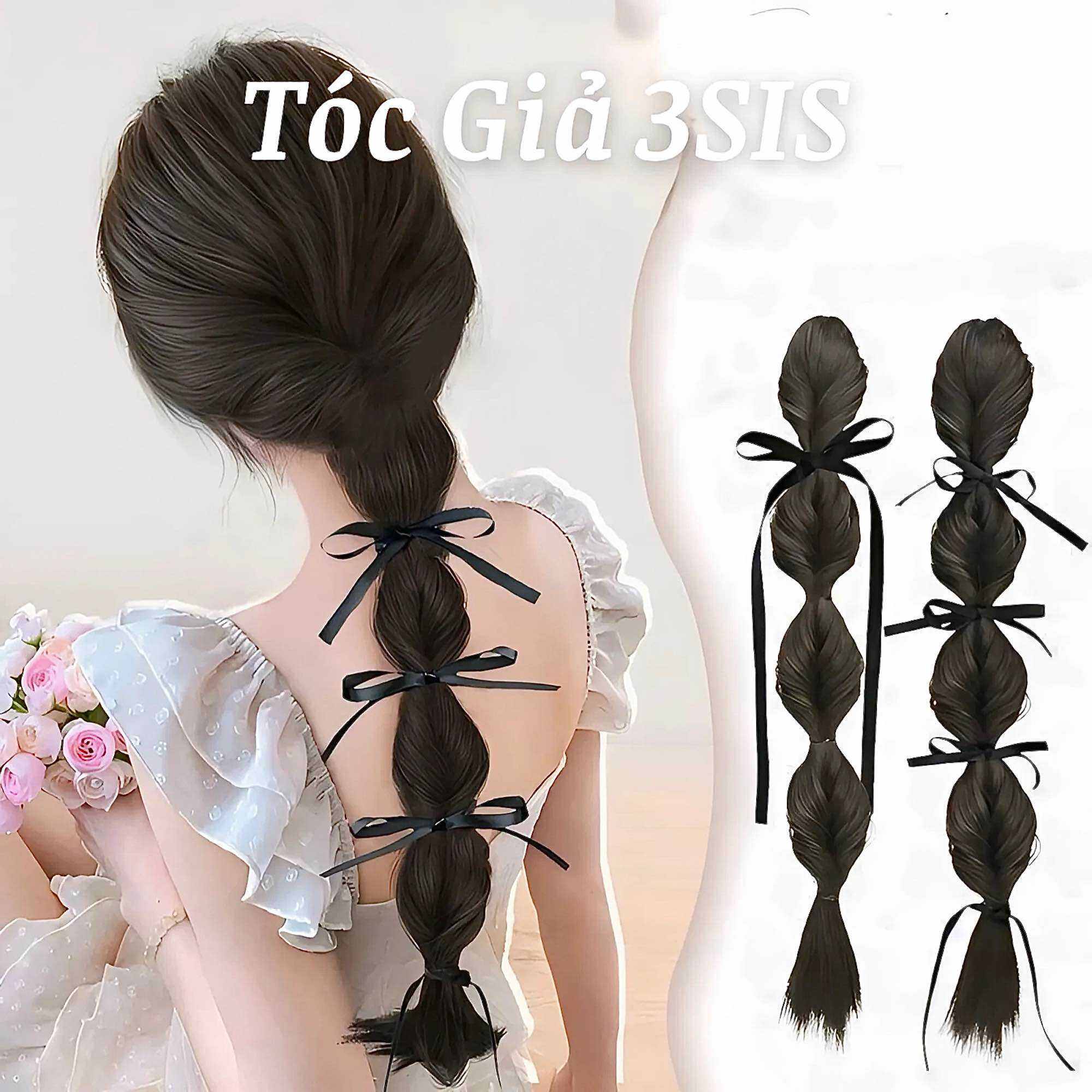 Tóc giả kẹp hình nơ tạo độ phồng cho tóc, kẹp tóc giả hình nơ tua rua tiện lợi