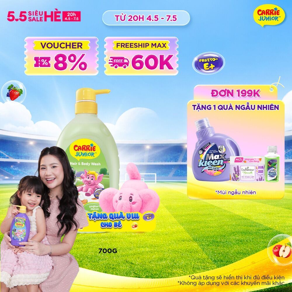 [Tặng kèm voi bông | Màu ngẫu nhiên] Chai Sữa Tắm Gội Cho Bé Carrie Junior Yoghurt chiết xuất trái cây thiên nhiên hương Dưa Lưới 700g