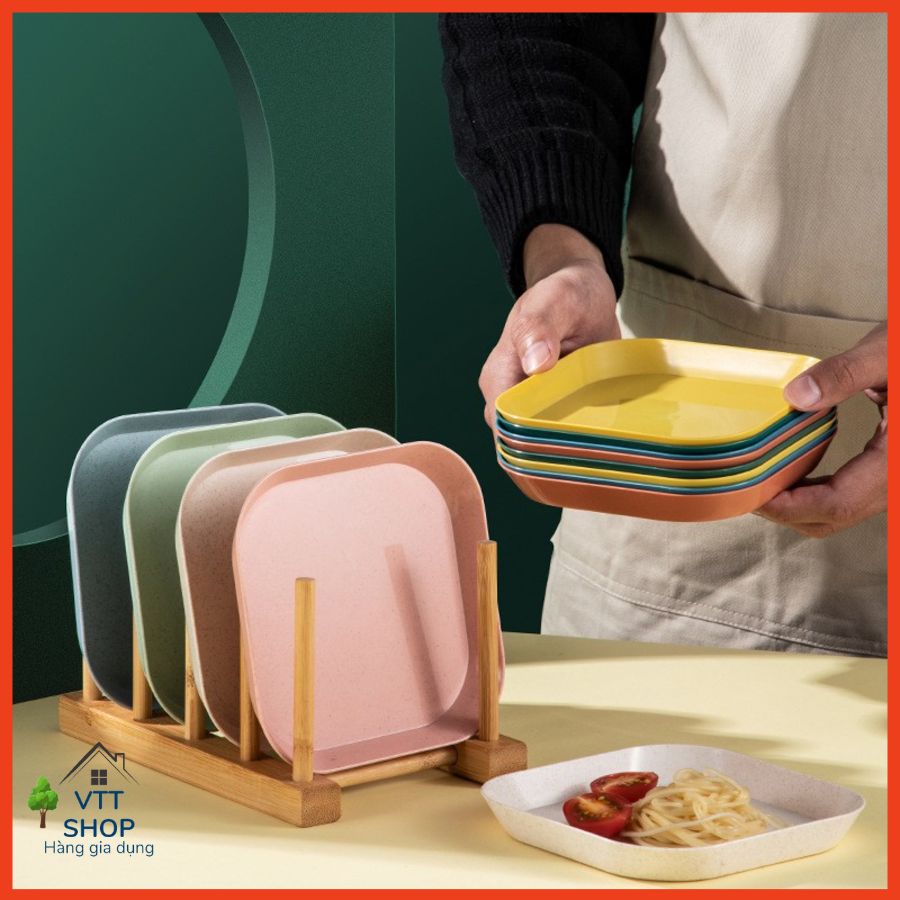Set 8 đĩa nhựa sinh học lúa mạch tone màu pastel siêu xinh, đĩa lúa mạch hình vuông đựng thức ăn, hoa quả, bánh kẹo an toàn cho sức khỏe.