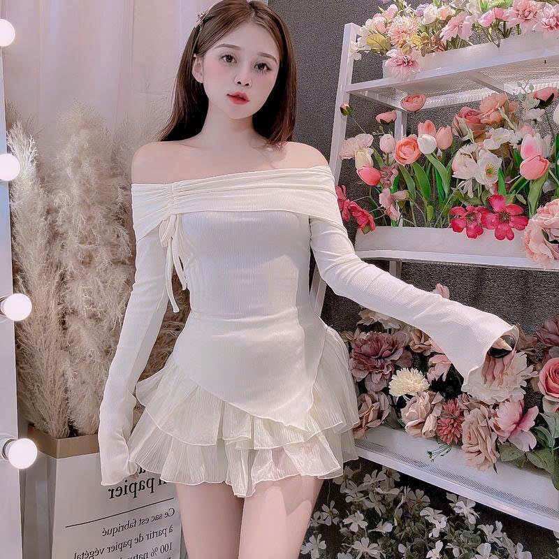 Set áo trễ bẹt vai vạt nhọn tay dài dây rút vai + chân váy 2 tầng lưng chun