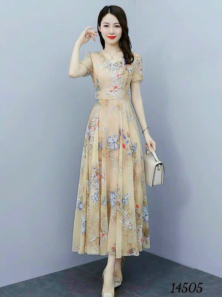 Đầm Hoa Chất Lụa Satin Dáng Dài Size 40kg đến 70kg